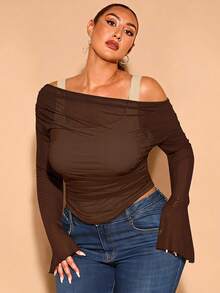 SHEIN BAE Plus Size Women Solid Color Ruched Fitted Versatile Casual T-Shirt - Mocha Brown - View 4