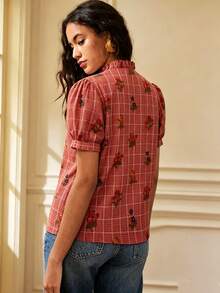 Écloséra Summer Dressing, Festival Dressing, Check Print Shirt, Holiday Dressing, Casual Shirt, Commuting Dressing, Ruffled Shirt, Outing Dressing, Red Shirt - Redwood - View 2