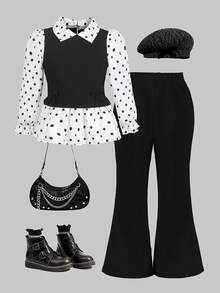 Elladie kids 女童春秋休閒襯衫套裝，白色3D蝴蝶結，淺粉色針織刷毛羅紋布拼接梭織面料，白色長袖翻領荷葉邊下擺2合1襯衫上衣，搭配淺粉色刷毛羅紋休閒喇叭長褲，2件套，適合返校季、休閒時尚、甜美可愛女孩、日常穿著、旅行、拍照 - 黑色 - 查看 3
