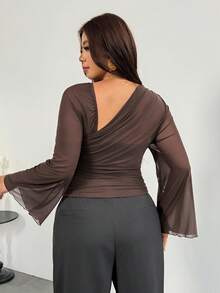 Firerie Plus Size Women's Solid Color Asymmetric Collar Bell Sleeve Fashion Brown Top For Women Elegant Office Business Work Top Elegant Graduation Top Women - Coffee Brown - View 4