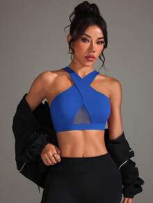 Slayform Sujetador deportivo con patchwork de malla y tirantes cruzados - azul real - Ver 4