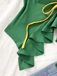 Glyssa French Gentle Style Front Tie Ruffle Strap Slim Fit Flattering Camisole - Green - View 3