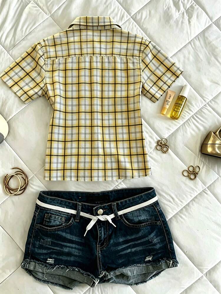 IslaSuriya Women's Summer Casual Plaid Shirt Blouse - Yellow - View 2