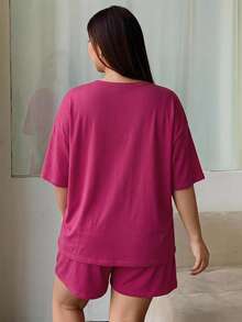 Dazy Plus Solid Color Knit Round Neck Top And Shorts Loungewear Pajama Set - Hot Pink - View 2
