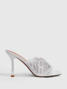 CUCCOO SZL Elegant Women's White Square Toe Heeled Sandals With Pearl And Rhinestone Scalloped Strap - White - View 2