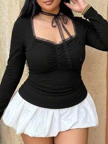 REIGN AVE Plus Size Women Solid Color Fitted Lace-Up Long Sleeve Cropped T-Shirt, Spring/Autumn - Black - View 10