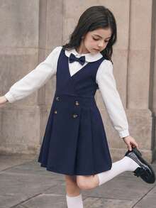 Back To School Season Girls' British Academy Style 2-Piece Dress Set, 4-7 Years Old Children's School Uniform, Peter Pan Collar Long Sleeve Shirt Paired With Elegant Bow Decor, Double-Breasted V-Neck Vest Dress Set, Girls' Spring/Summer Light Formal Piano Performance Outfit, Campus Choir Uniform, Stylish Everyday Princess Dress - Royal Blue - View 4
