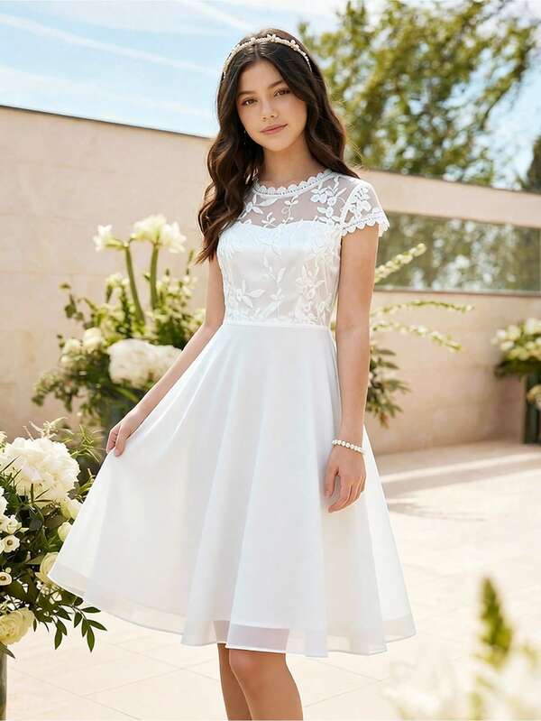Vestido elegante de encaje blanco con patchwork de gasa para adolescentes, para temporada de bodas, baile de graduación, actuación, fiesta de cumpleaños, banquete, todas las estaciones