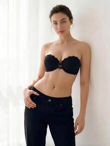 Liftille Simple & Sexy Lace Spliced Front Closure Strapless Bra Lingerie - Black - View 4