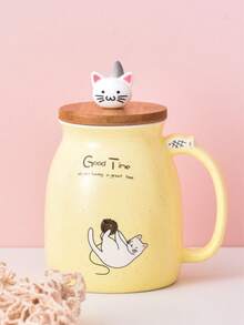 Zazumi Cute Cartoon Cat Ceramic Cup With Lid Spoon, Large Capacity Mug, Home Coffee Cup, Breakfast Milk Water Cup, Suitable For Valentine's Day Gift, Birthday Gift, Christmas Gift - Multicolor - View 6