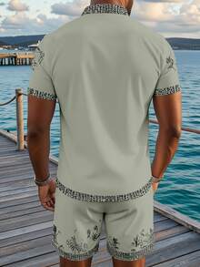 Manfinity RSRT Men's Botanical Print Single-Breasted Short Sleeve Shirt And Shorts Casual Daily Outfit - Multicolor - View 2