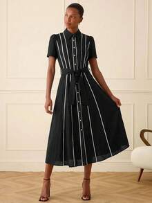 Lilora Elegant Women Black Button Down Dress With Belted Waist - Black and White - View 6