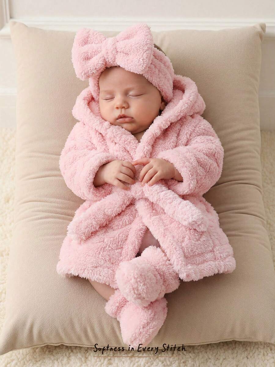 Cozy Pixies 新生兒加厚抓絨連帽長袖前綁帶睡袍 秋冬款 - 彩色 - 查看 1