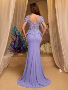 Glamrae Romantic 3D Lace Off-Shoulder Sheer Fishbone Boning Skirt With Novel Sculptural Mermaid Tail Train, Suitable For Dates, Vacations, Bachelorette Parties, Weddings, Back To School, All Formal Occasions, Women's Evening Gown - Purple - View 2
