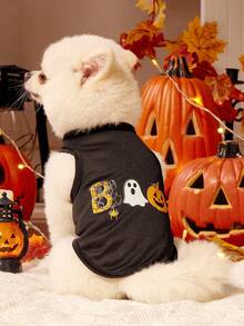 2pcs Pet Cat Dog Universal Halloween Striped Pumpkin Ghost Cartoon Pattern Printed Fashionable, Breathable And Comfortable Dog Vest, PETSIN Original Design - Multicolor - View 4