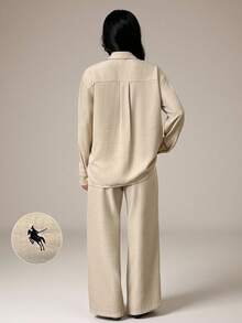 SHEIN PETITE Conjunto casual de camisa de manga larga y pantalones de caballero con bordado tejido en color albaricoque para mujeres petite - Albaricoque - Ver 4