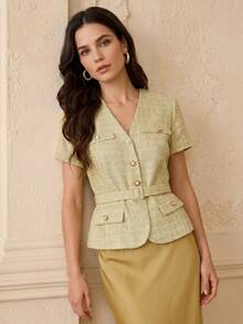 ZEYLAH Spring/Summer Short Sleeve Button-Up Business Fashion 2 In 1 Dress - Yellow - View 2