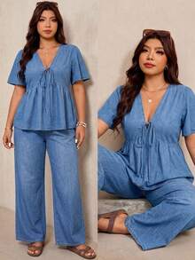 Elaquor Plus Size Women's Front Tie Short Sleeve Top And Pants Casual Denim Two Pieces Set - White - View 8