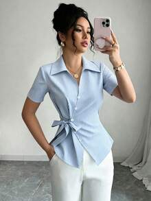 Franclia 優雅時尚翻領不對稱繫腰通勤休閒百搭商務專業女款襯衫 - 淺藍色 - 查看 3