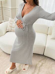 Slowluna Maternity Solid Color Overlap V-Neck Long Sleeve Waist Tie Nursing Dress Fall - Grey - View 7