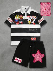 ROMWE MEN 男士 Polo 衫與短褲 2 件套，短袖夏季休閒沙灘套裝 - 彩色 - 查看 1