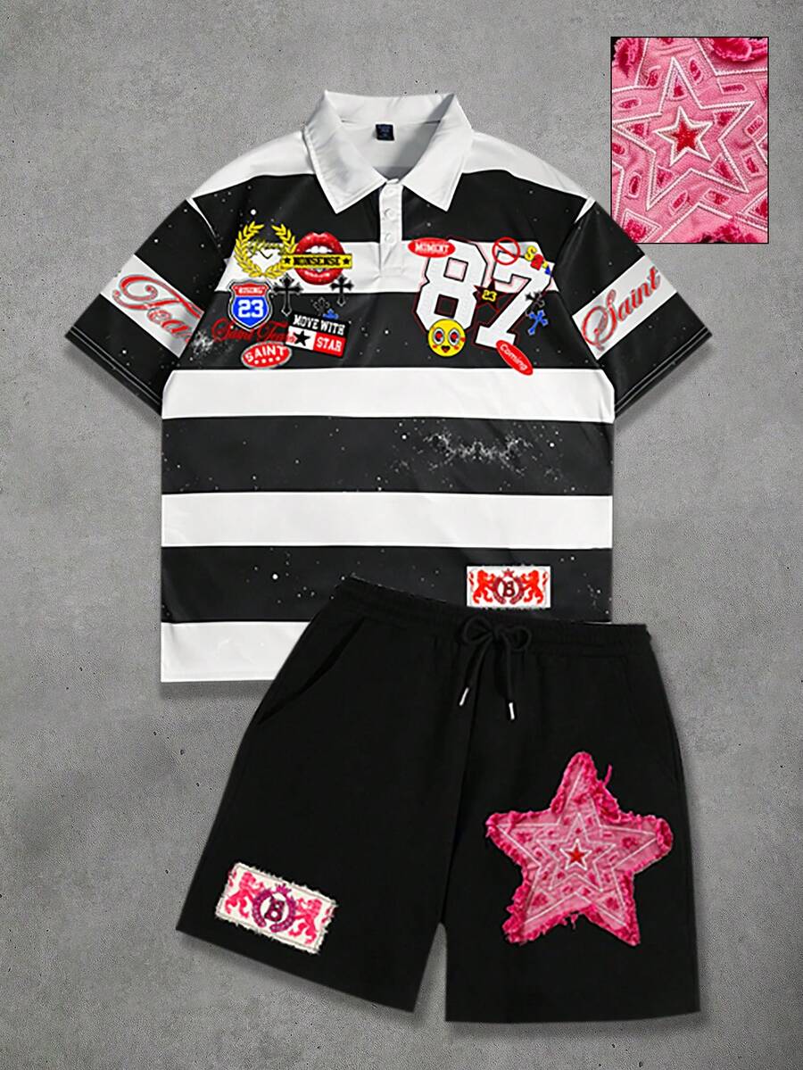 ROMWE MEN 男士 Polo 衫與短褲 2 件套,短袖夏季休閒沙灘套裝 - 彩色 - 查看 1