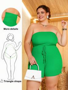 Wellenrocha Plus Size Women's Green Solid Color Slim Fitted Sleeveless Jumpsuit Rope Decor Textured Knit Fabric, Casual Vacation Wear, Spring/Summer, For Pear And Triangle Body Shape - Green - View 1