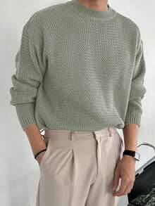 DAZY Men Solid Color Crew Neck Long Sleeve Sweater, Autumn - Army Green - View 3