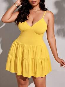 Viva Relle Plus Size Casual Solid Color Sleeveless Dress, Summer - Yellow - View 5
