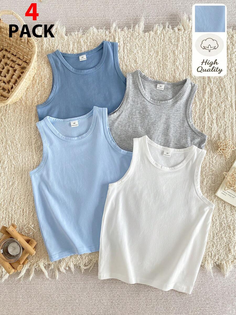 SHEIN 3pcs Young Boy Underwear, Comfortable Casual Sleeveless Tank Top Undershirt, Simple Design Style Easy To Match, Elastic Fabric, Knitted Material, Machine Washable, Comfortable To Wear - Blue and White - View 1
