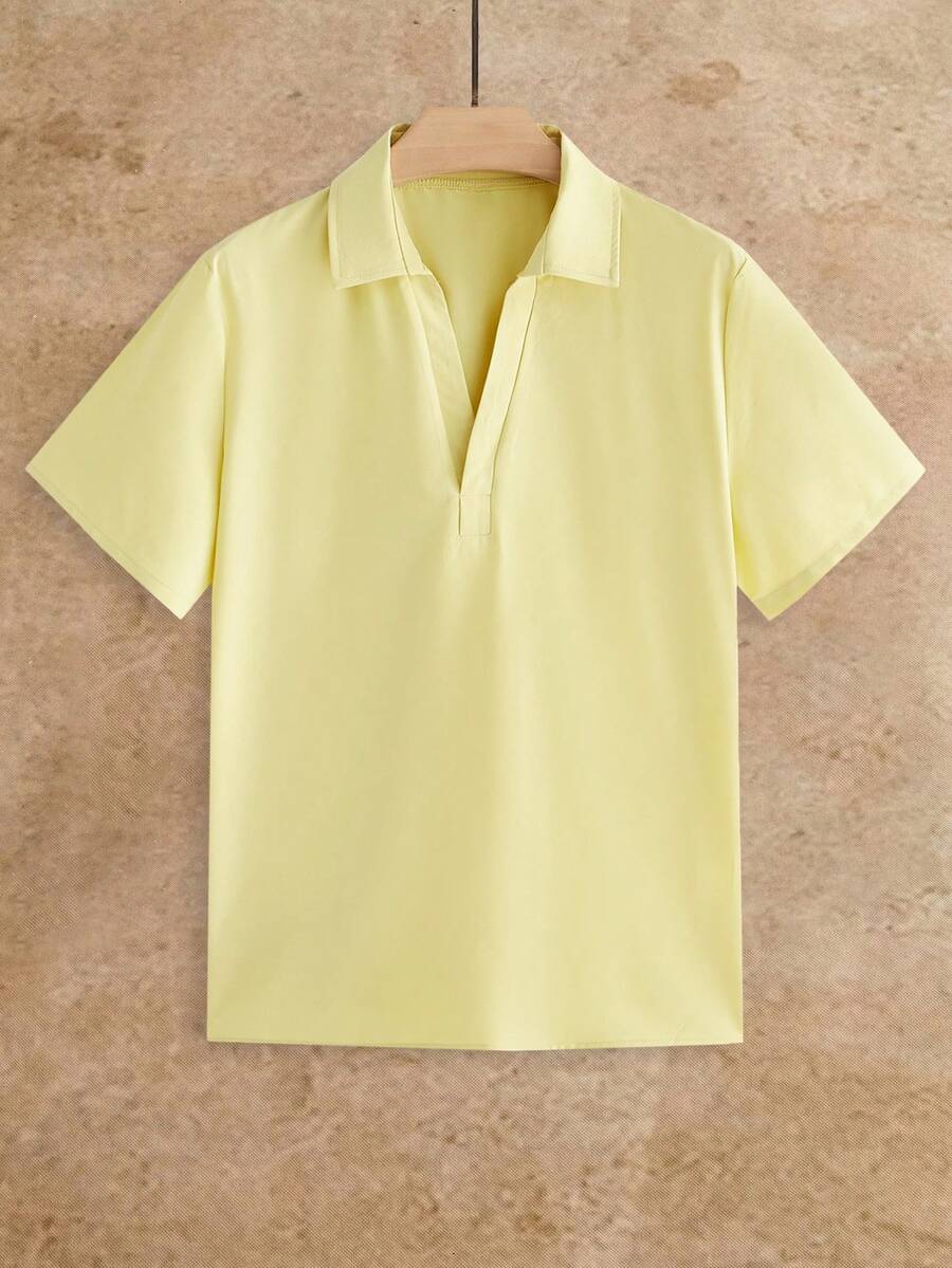 HIMLAND Men's Fashion Solid Color Short Sleeve Versatile Polo Shirt - Yellow - View 1