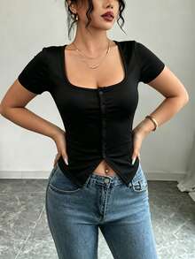 Selianne 女款純色抓皺修身百搭休閒短袖T恤 - 黑色 - 查看 5