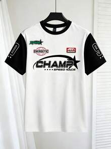 Chillumni Camiseta de manga corta con cuello redondo y estampado de letras de carreras con bloques de color para hombres, camiseta de manga corta con cuello redondo y estampado de calle con bloques de color para hombres - Multicolor - Ver 3