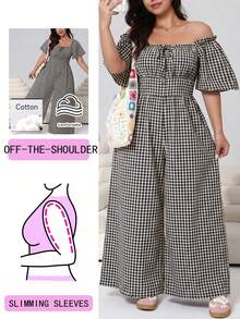 Solflare Jumpsuit Wanita Ukuran Besar Warna Cokelat dengan Satu Bahu, Bagian Dada Berkerut, Potongan Longgar, dan Pinggang Elastis - Coklat - View 1