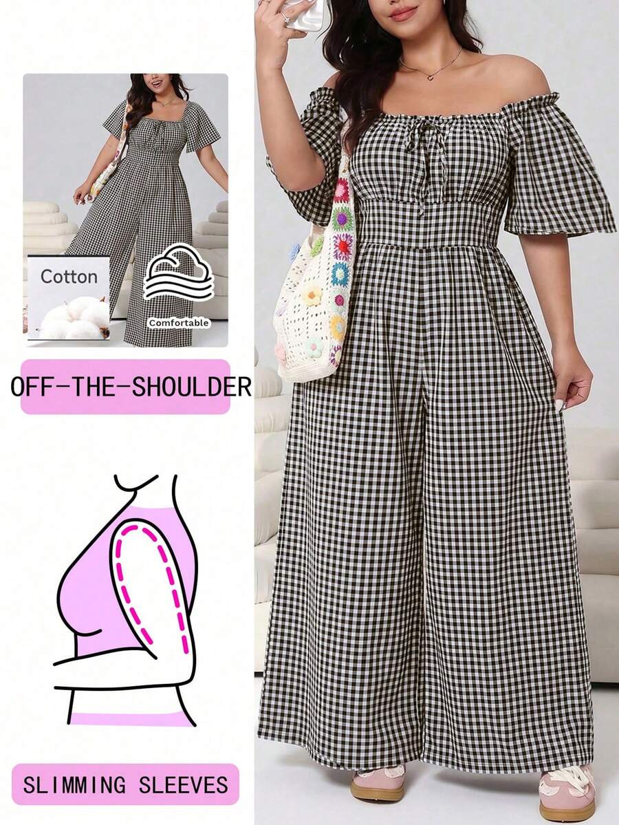 Solflare Jumpsuit Wanita Ukuran Besar Warna Cokelat dengan Satu Bahu, Bagian Dada Berkerut, Potongan Longgar, dan Pinggang Elastis - Coklat - View 1