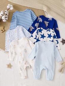 [2 Sets Random Selection]Newborn Long Sleeve Footed Jumpsuit Knit Comfortable Soft Loungewear, Cute Dinosaur Cartoon Car Construction Vehicle All-Over Print Pattern, Best Gift For Newborns, Home Wear, Versatile Fashion, Best Choice - Multicolor - View 2