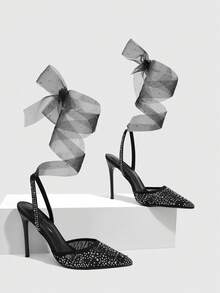 CUCCOO SZL Women's Black Mesh Studded Pointed Toe Pumps With Ankle Tie Ribbon Straps - Black - View 1