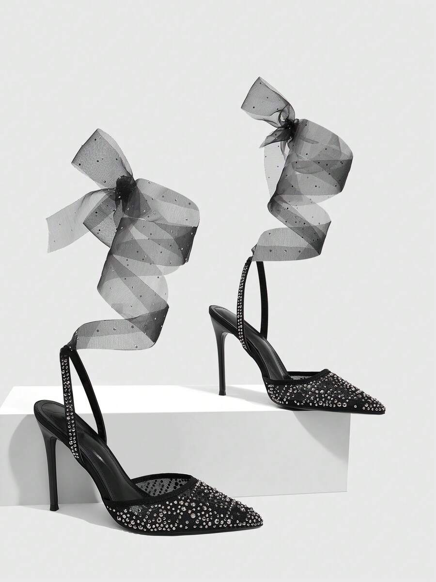 CUCCOO SZL Women's Black Mesh Studded Pointed Toe Pumps With Ankle Tie Ribbon Straps - Black - View 1