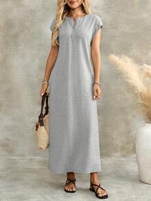 EMERY ROSE Women's Zipper Casual Solid Color Loose Fit Short Sleeve Long Dress, Summer Everyday Light Grey Birthday Going Out Vacation Outfits - Grey - View 6