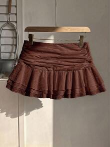 SHEIN Unity Women's Pure Cotton Elegant Ruffle Hem Vacation Style Mini Skirt, Summer Skirt, White - Rust Brown - View 2