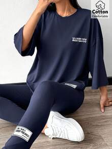 Solavon 2件組女款夏季字母印花寬鬆T恤與長褲休閒套裝，居家休閒風，海軍藍 - 藏蓝色 - 查看 5