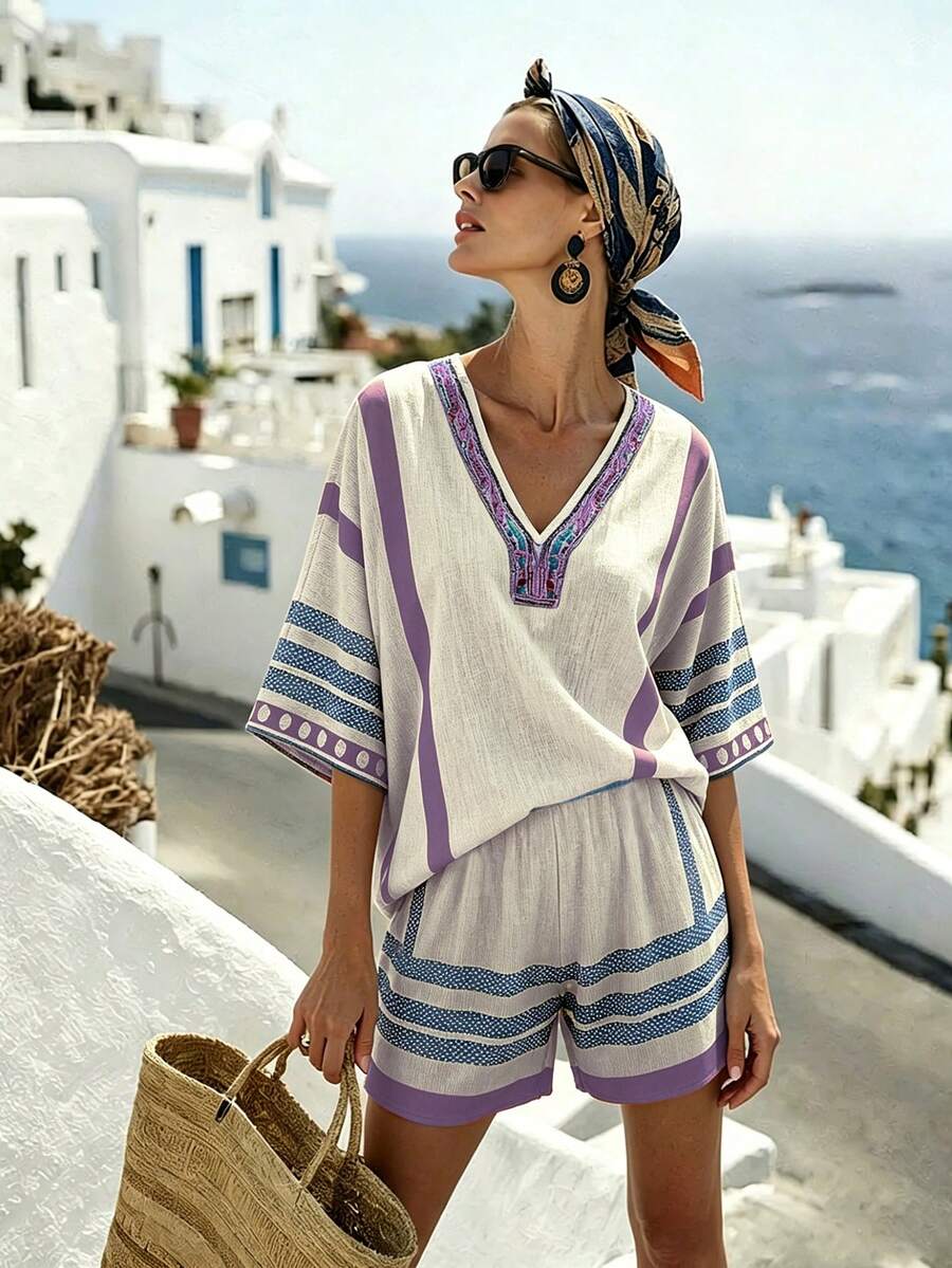 SHEIN Holidaya 女款V領拼接上衣與短褲休閒日常套裝 - 淡紫色 - 查看 1