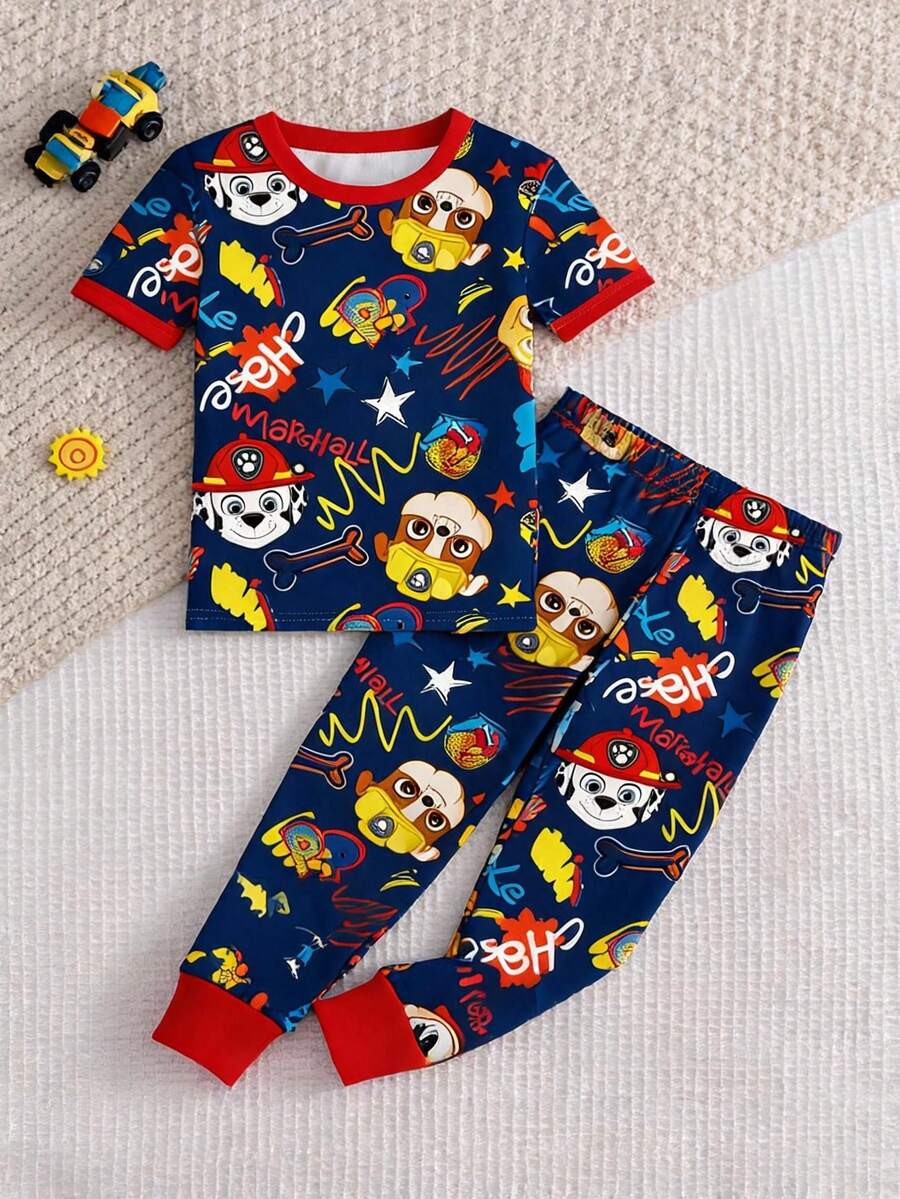 SHEIN | PAW Patrol 小男孩休閒簡約款,柔軟舒適,經典可愛卡通動畫圖案印花,可愛小狗貼身舒適圓領短袖T恤與長褲貼身居家服,適合春夏季 - 彩色 - 查看 1