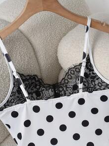 SHEIN PETITE Women's Summer Cowl Neck White And Black Polka Dot Print Camisole Tank Top, Versatile Lace Trim Top, Suitable For Commuting, Vacation, Elegant Sexy - White - View 4