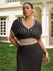 VOLUPTÉ CURVE Plus Size Women's Spring/Summer Black 2-Piece Set V-Neck Striped Knit Short Sleeve Top & Maxi Skirt, Elegant Casual Business Vacation Outfit - White - View 7