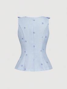 SHEIN MOD Chaqueta Chaleco con Lazo Bordado en el Hombro para Mujer Talla Grande en Otoño/Invierno - Azul - Ver 3