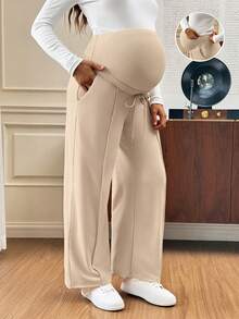 SHEIN Maternity Solid Color Adjustable Waist Casual Versatile Daily Wear Long Pants Fall,Autumn Outfit For Women - Khaki - View 3