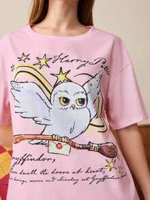 HARRY POTTER X SHEIN Women's Cartoon Print Top And Shorts Pajama Set - Pink - View 6