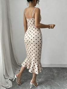 Elenzga New Autumn Colorful Sexy Pattern Print French Style Elegant Elegant Beautiful Unique Cinched Waist Bodycon Ruffle Hem Drawstring Design Comfortable Spaghetti Strap Dress - Apricot - View 3
