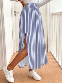 SHEIN Frenchy 女款休閒條紋腰帶側開衩下擺裙 - 藍色 - 查看 7